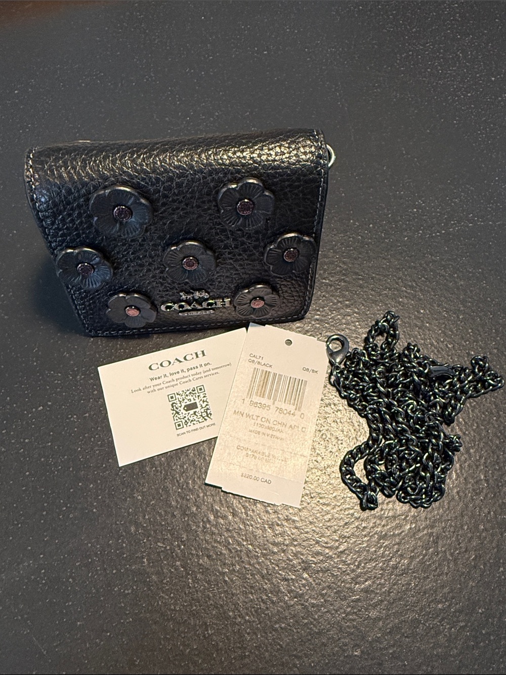 Coach Black Pebbled Leather Floral Appliqué Compact Wallet with Pink Accents - Picture 12 of 12